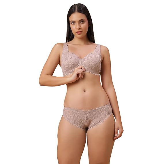 SOIE Women’s Lace Bra & Brief Set – Underwire, Non-Padded, Mid Rise